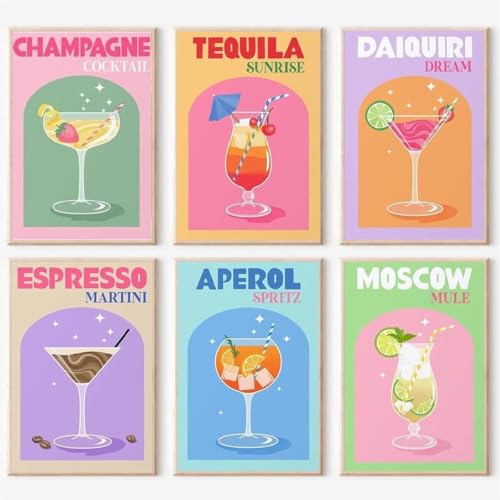 KAMIERFA 6-teiliges Set Malen nach Zahlen für Erwachsene DIY Selbermachen Handgemaltes Ölgemälde-Set Mini Paint by Numbers Ohne Rahmen Cocktail mit Worten 20x30cm von KAMIERFA