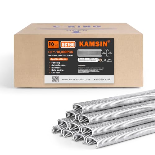 KAMSIN #SC760 16 Gauge Hog Rings 1/2 Zoll Crown Edelstahl C Ringe 304SS Hog Ring Klammern C Ring Klammern für Zäune, Federmatratze, Autositz, Hog Ring Zange C Ring Pistole, 18.000 pro Box von KAMSIN