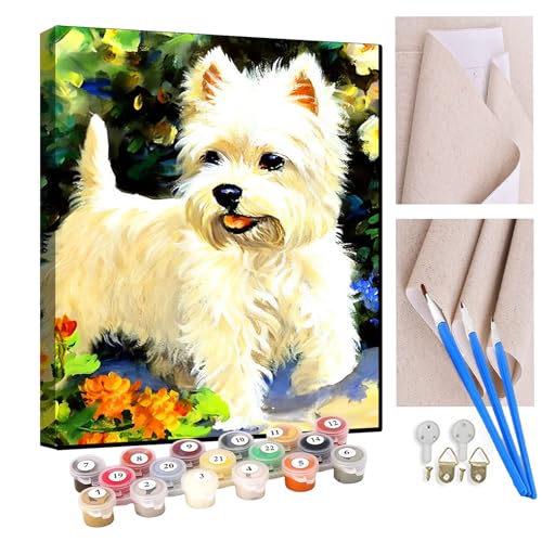 KANGBAWA Malen Nach Zahlen Erwachsene West Highland White Terrier Hund DIY Handgemalt Ölgemälde Kit für Anfänger und Erwachsene Mit 3-Pinseln und Acrylfarbe, Ohne Rahmen 40X50CM von KANGBAWA