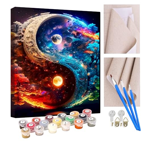 KANGBAWA Malen Nach Zahlen Erwachsene Yin Yang Wasser und Feuer Blumen (5) DIY Handgemalt Ölgemälde Kit für Anfänger und Erwachsene Mit 3-Pinseln und Acrylfarbe, Ohne Rahmen 40X50CM von KANGBAWA