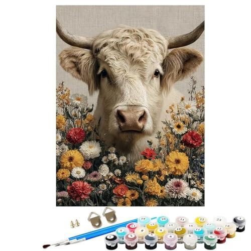 Blume Malen Nach Zahlen Erwachsene Mit Rahmen, Malen Nach Zahlen Ochse 40x55 cm DIY Set Erwachsene Mit 3 Pinseln und Acrylfarbe, Paint by Numbers für Deko Wohnzimmer, Geschenke für Frauen KSWDK206 von KANGSONGWENJIAJU