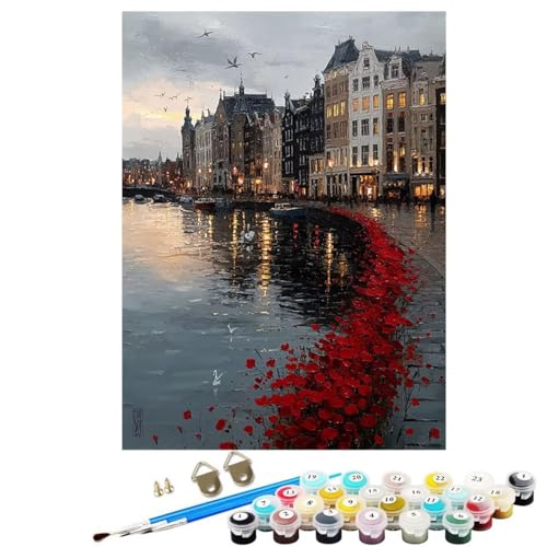 Stadt Malen Nach Zahlen Erwachsene, Landschaft Paint by Numbers Adult Anfänger Kreativ Set für, Heimwerk Malen Nach Zahlen Kinder Mit Rahmen, Pinsel und Acrylfarbe Deko Wohnzimmer 50 x 70 cm KSWDK202 von KANGSONGWENJIAJU