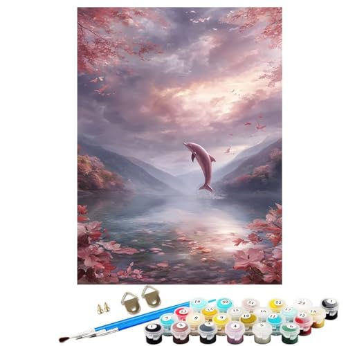 Tier Malen Nach Zahlen Erwachsene Mit Rahmen, Malen Nach Zahlen Delphin 50 x 70 cm DIY Set Erwachsene Mit 3 Pinseln und Acrylfarbe, Paint by Numbers für Deko Wohnzimmer, Geschenke für Frauen KSWDK203 von KANGSONGWENJIAJU