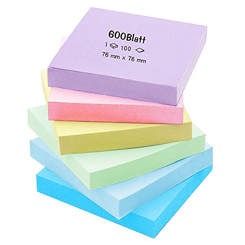 Haftnotizen Pastell 3x3", 6 Pads Notizzettel Selbstklebend Set, Klebezettel Bunt für Büro Schule und Heim, 600 Blatt Insgesamt von KANOSON