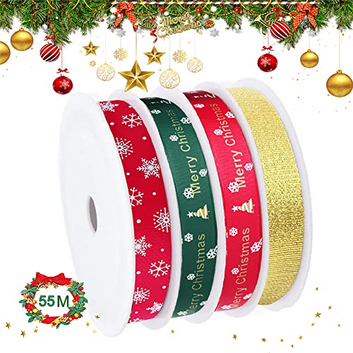 KANOSON Geschenkband Weihnachten, 4 Rollen Weihnachtsbänder Schleifenband/Dekobänder/Ripsband für Geschenkverpackung,Stoff Weihnachtsband für DIY Handwerk,Nähen, Rot,Grun,Gold, Länge 55M von KANOSON