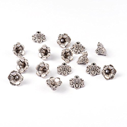 50-teilige tibetische Antik-Silber-Blumen-Perlenkappen 10 mm for die DIY-Schmuckherstellung von KANWANN