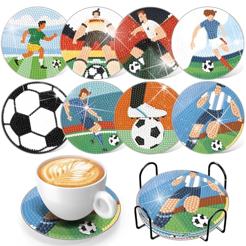 KAOTPO 8 Stück Diamond Painting Untersetzer, Untersetzer GläSer mit Halter, Fußball Gemusterte Diamond Painting Kinder für Getränke, Tassen, Weingläser, Vasen von KAOTPO