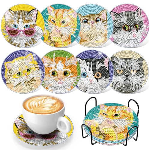 KAOTPO Diamond Painting Geeignet für Erwachsene, Kinder und Anfänger, 8-teiliges Set von Diamond Painting Untersetzern mit Ständer, 5D Kreatives Diamond Painting Katze-Kunst-Set. (CAT) von KAOTPO