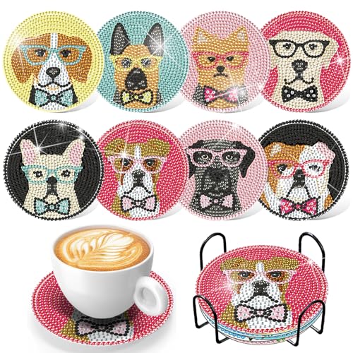 KAOTPO Diamond Painting Geeignet für Erwachsene, Kinder und Anfänger, 8-teiliges Set von Untersetzern mit Ständer, 5D Kreatives Diamond Painting Katze-Kunst-Set. (DOG) von KAOTPO