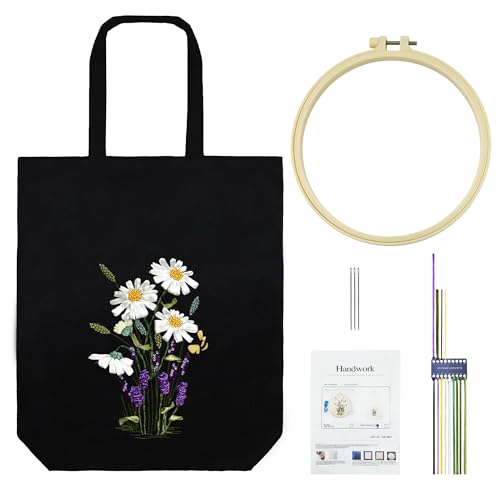 KAOTPO-Stickerei Canvas-Handtasche, DIY Set Erwachsene, Sticken Set Erwachsene (m. Mustern & Anl., inkl. Muster-T., Stickn., bunte Fäden, Blumenm.), Stickset für Anfänger. (Schwarze Gänseblümchen) von KAOTPO
