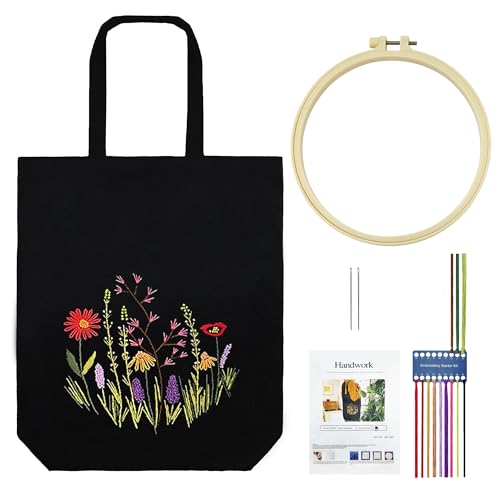 KAOTPO-Stickerei Canvas-Handtasche, DIY Set Erwachsene, Sticken Set Erwachsene (m. Mustern & Anl., inkl. Muster-T., Stickn., bunte Fäden, Blumenm.), Stickset für Anfänger. (Schwarze Sonnenblumen) von KAOTPO