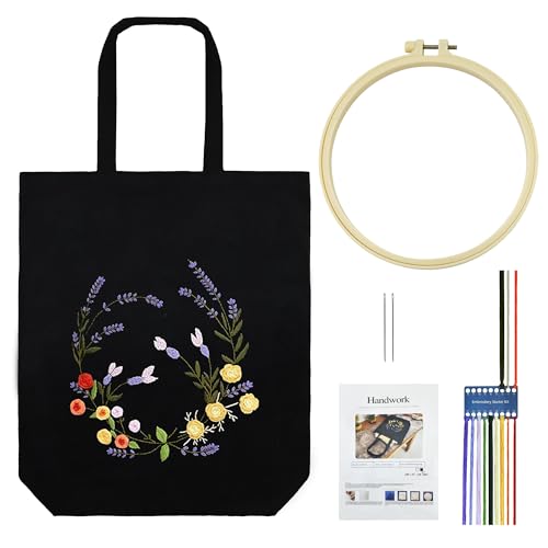 KAOTPO-Stickerei Canvas-Handtasche, DIY Set Erwachsene, Sticken Set Erwachsene (m. Mustern & Anl., inkl. Muster-T., Stickn., bunte Fäden, Blumenm.), Stickset für Anfänger. (Schwarze Veilchen) von KAOTPO