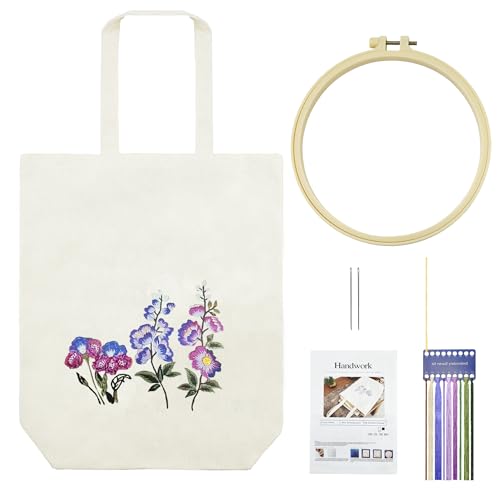 KAOTPO-Stickerei Canvas-Handtasche, DIY Set Erwachsene, Sticken Set Erwachsene (m. Mustern & Anl., inkl. Muster-T., Stickn., bunte Fäden, Blumenm.), Stickset für Anfänger. (Weiße Veilchen) von KAOTPO