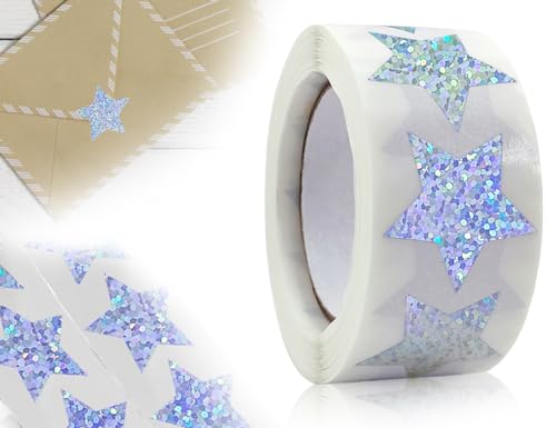 KAPSING 500 Stück Glitzer Sticker, silberfarben bunt Sterne-Aufkleber, Selbstklebende Stern Aufkleber Silber, 25mm klein Belohnungsaufkleber, Hochzeiten Scrapbooking Sticker von KAPSING