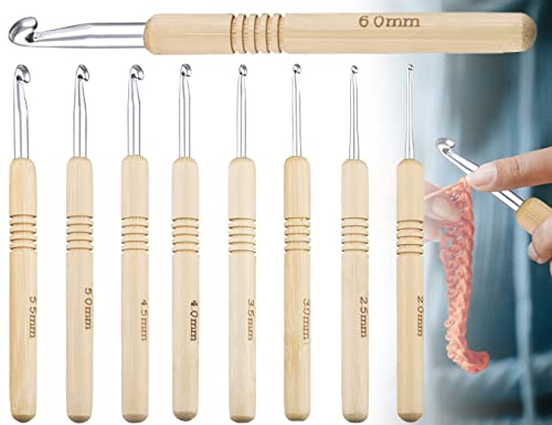 KAPSING Häkelnadel Set Holz 9 Stück Crochet Hook 2,0mm - 6,0mm Häkelnadeln Metall Häkelset für Anfänger Kinder und Arthritische Hände von KAPSING