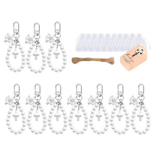 KAQNTUD 10 Sets Kreuz-Schlüsselanhänger mit Perlen und transparenten Organza-Beuteln für Taufe, Babyparty, Hochzeit, Event von KAQNTUD