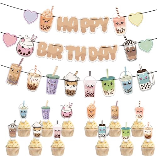 KARAQY Bubble Tea Geburtstagsparty-Dekorationen, Milchtee-Happy Birthday-Banner, 24 Stück, Cupcake-Topper für Milchtee-Themen-Geburtstagsparty-Zubehör KARAQY Bubble Tea Geburtstagsparty-Dekorationen, Milchtee-Happy Birthday-Banner, 24 Stück, Cupcake-Topper für Milchtee-Themen-Geburtstagsparty-Zubehör von KARAQY