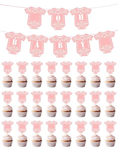 KARAQY Papel Picado Oh Baby Banner und Cupcake-Topper-Set – hohle rosa Babyparty-Dekorationen für Mädchen, Geburtstag, mexikanische Fiesta, Geschlechtsoffenbarung, Party-Dekoration von KARAQY