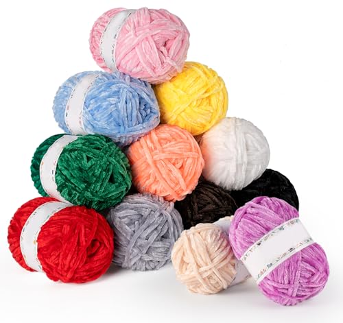 12x50g Chenille Garn, Weiches Samtgarn zum Häkeln, Garn zum Stricken mit Häkelzubehör, Premium Chunky Wolle für Kleidung, Decken, Taschen 12x50g Chenille Garn, Weiches Samtgarn zum Häkeln, Garn zum Stricken mit Häkelzubehör, Premium Chunky Wolle für Kleidung, Decken, Taschen von KARBRING