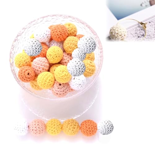 30 Stück Gehäkelt Holzperlen, 16mm Holz Perlen Gehäkelt bunte mit Loch zum Auffädeln, mehrfarbige gehäkelte Holzperlen, Gehäkelt Holzperlen Crocheted Wooden Beads Handgefertigt Natur Holzkugeln von KARELLS