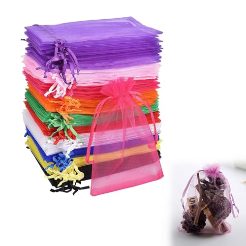 KARELLS Bunt Organzabeutel, 100 Stück Geschenksäckchen, 7 x 9cm Organza Säckchen, Schmucksäckchen mit Kordelzug, Kleine Säckchen, für Hochzeiten Partys Weihnachten kleine Geschenke von KARELLS