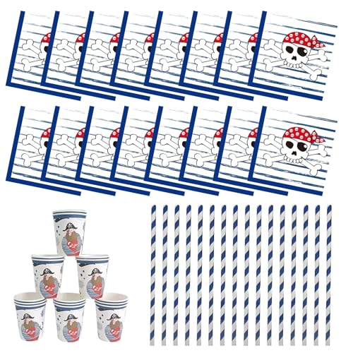 Piraten Partygeschirr Set,Piratenschiff Party Servietten für 16 Gäste,Servietten Pirat,Servietten zur Piraten Party,Kindergeburtstag Geschirr Set mit Becher Servietten Stroh,48PCS Piraten Partygeschirr Set,Piratenschiff Party Servietten für 16 Gäste,Servietten Pirat,Servietten zur Piraten Party,Kindergeburtstag Geschirr Set mit Becher Servietten Stroh,48PCS von KARELLS