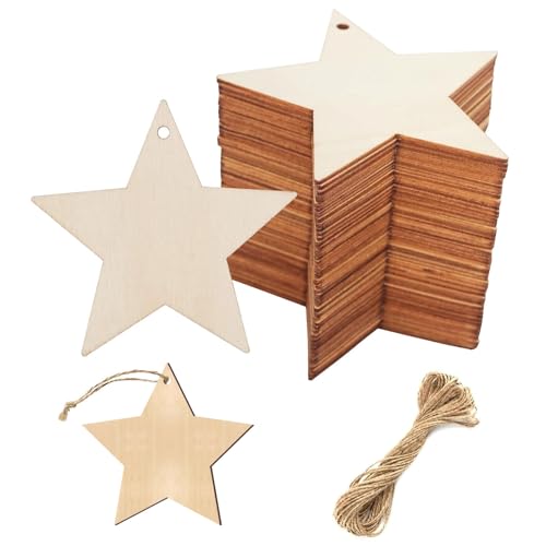 Weihnachten Holzsterne Zum Basteln, 50 Stück Deko Hängesterne für Christbaumschmuck, Mit 5 m Juteseil von KARELLS