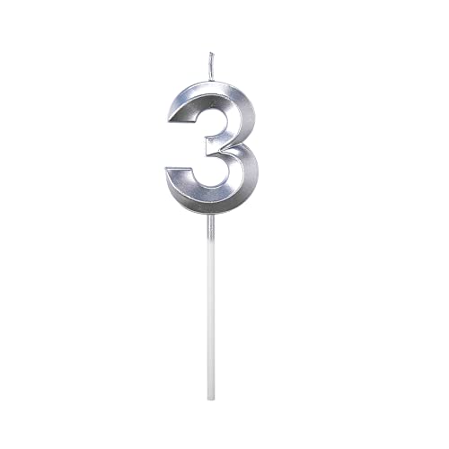 Geburtstagskerzen Geburtstag Zahl Kerzen 0 1 2 3 4 5 6 7 8 9 3D Form Geburtstagstorte Kerzen Kuchen Ziffer Kerzen Topper Dekoration für Geburtstag Jahrestag Hochzeit Party Silber (3, One Size) von KAREN66
