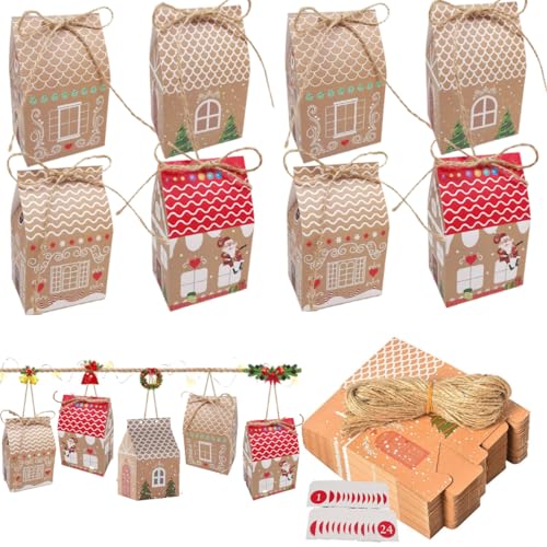 KARLOR 24 Stück Geschenktüten Krafpapier Geschenkbox Geschenkkarton Geschenktaschen zum Aufhängen Süßigkeitstüte Papiertüten Party Mitgebsel kleine Hausform mit Schnur Aufklebern von KARLOR