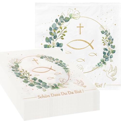KARLOR 40 Stück Servietten Taufe Deko, Servietten Kommunion mit Gold Kreuzen Fish Taube Grün Eukalyptus Kranz Tischdeko für Taufe Kommunion Konfirmation Hochzeit Geburtstag von KARLOR