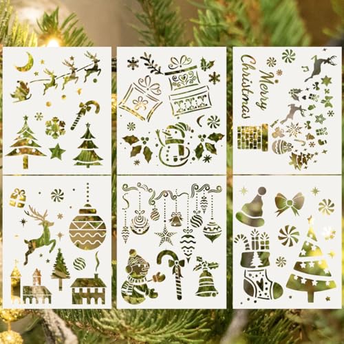 KARLOR 6 Blatt Weihnachten Schablonen Vorlage Wiederverwendbar Malschablonen Kunststoff Handwerk Weihnachtsbaum Elch Schneemann Geschenk für Zeichnen Sprühen Tagebuch Vorlage Weihnachtskarte (21x18cm) von KARLOR