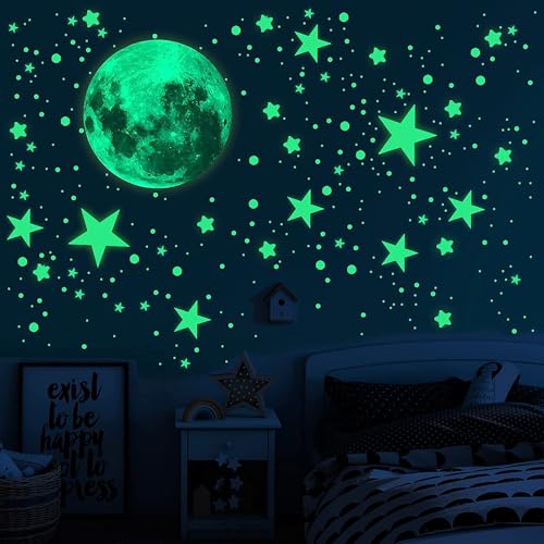 KARLOR Neon Mond Sterne Deko, 435 pcs Wanddeko fluoreszierend Kinderzimmer Wandsticker selbstklebend Aufkleber großer Mond Glow in Dark Leuchtsterne Leuchtpunkte Mond Leuchtaufkleber leuchtend nachts von KARLOR