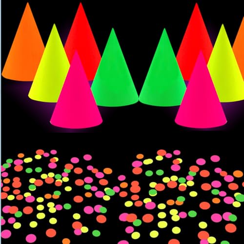 KARLOR Schwarzlicht Party Deko, 10 Neon Partyhüte+50g fluoreszierendes rundes Konfettieon, leuchtend Papier Deko Glow unter UV Licht Glow Party Zubehör Disco Party UV Papier Party Hütchen KARLOR Schwarzlicht Party Deko, 10 Neon Partyhüte+50g fluoreszierendes rundes Konfettieon, leuchtend Papier Deko Glow unter UV Licht Glow Party Zubehör Disco Party UV Papier Party Hütchen von KARLOR