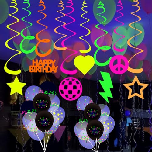KARLOR Schwarzlicht Party Deko, 10 Spiral Deko/10 UV Luftballon, Neon leuchtend Paper Girlanden unter UV Licht, Glow Party Deko Geburtstag Zubehör Disco Girlande KARLOR Schwarzlicht Party Deko, 10 Spiral Deko/10 UV Luftballon, Neon leuchtend Paper Girlanden unter UV Licht, Glow Party Deko Geburtstag Zubehör Disco Girlande von KARLOR