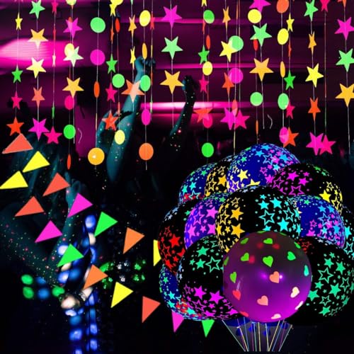 KARLOR Schwarzlicht Party Deko, 20 Neon Ballon & 3 UV Girlanden/Je 3.5 Meter Neon Wimpelkette fluoreszierend unter UV Licht, Neon Stern Kreispunkt Wimpelkette, UV Glow Neon Party Disco Party Deko von KARLOR