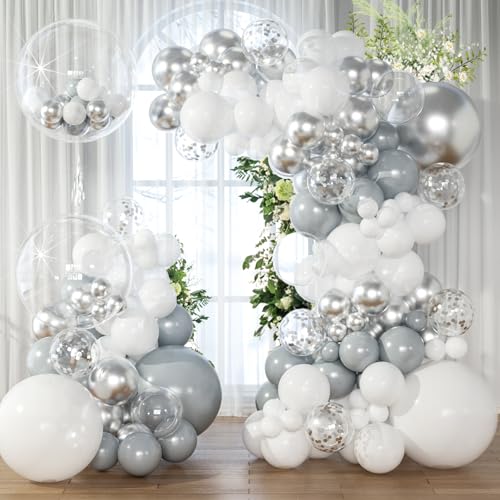 KARLURE Silber Weiß Grau Luftballon Girlande Bogen, Silber Weiß Luftballons mit Bobo Klar Luftballons für Engagement Hochzeit Brautparty Babyparty Geburtstag 2024 Graduation Ruhestand Jahrestag Deko von KARLURE