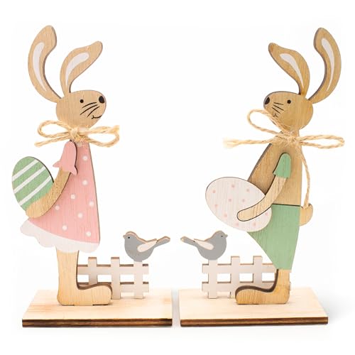 KARTENVERLIEBT Handgefertigtes 2er Osterhasen Deko-Set aus Holz, je 15x7,5 cm, in Mint grün & rosa, mit Ei und Vögelchen auf Zaun - frühlingshafte Osterdekoration für EIN schönes Zuhause von KARTENVERLIEBT