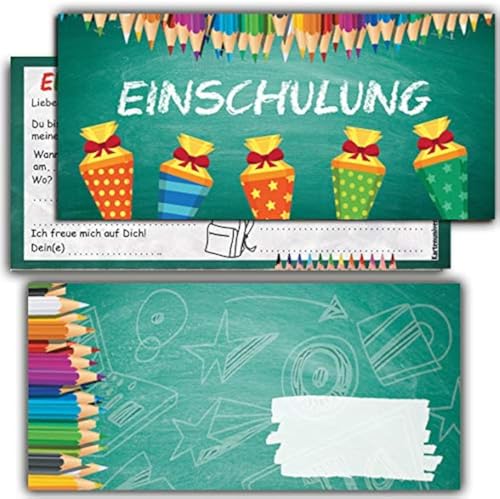 KARTENVERSAND24 Einladung zur Einschulung Junge Mädchen Einladungskarten Schulanfang Schultüte Zuckertüte Schule Karten zum Schulbeginn Einladungen mit Umschlägen Set von KARTENVERSAND24