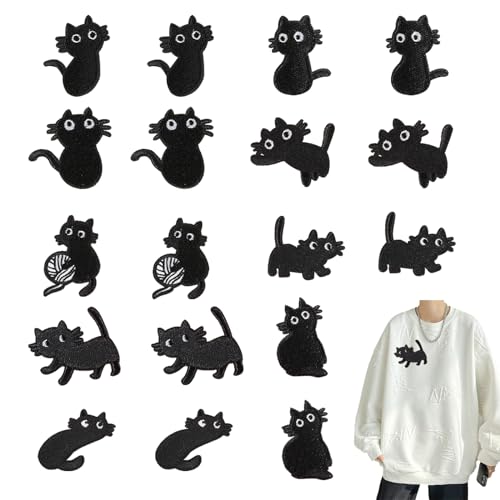 KASESSS 18 Stück Aufnäher, Niedlich Bügelbilder für Textilien, Schwarze Katze Patches zum Aufbügeln, Aufbügelbilder Kleidung und Handarbeiten, Applikationen zum Aufnähen für Hosen Jeans Hemden Mützen von KASESSS