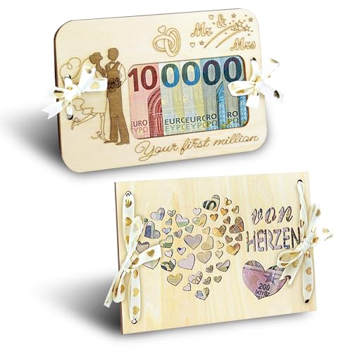 KASESSS 2 Stück Bilderrahmen Geldgeschenk Hochzeit Holz, Kreativ Hochzeitsgeschenk Geld, Hochzeitsgeschenke für Brautpaar Geld, Geldgeschenke zur Hochzeit Holz, Lustige Geldgeschenke für hochzeit von KASESSS