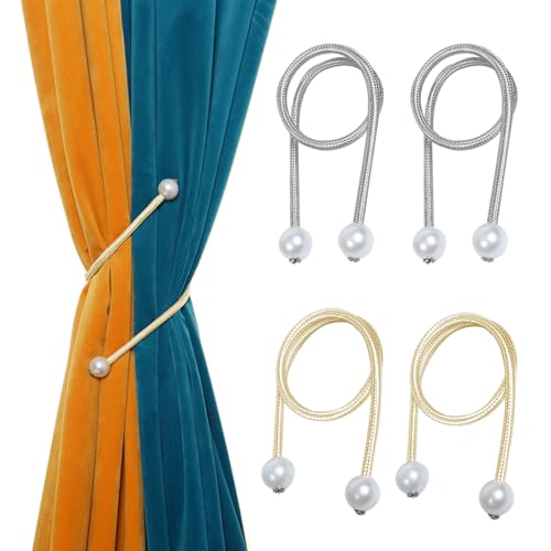 KASESSS 4 Stück Vorhang Raffhalter, Perle Raffhalter für Vorhänge, Gardinenhalter Flexible, Vorhang Halter Elegant, Raffhalter für Gardinen Ohne Bohren für Zuhause,Büro und Hotel (Silber,Grau) von KASESSS
