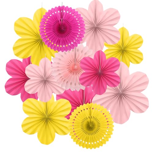 KASURE 12 Stück Rosa Gelb Blumen Papier Party Deko Set, Dekoration mit Papierblumen zum Aufhängen, Papierfächer Girlande Dekoration für Geburtstag Hochzeit von KASURE