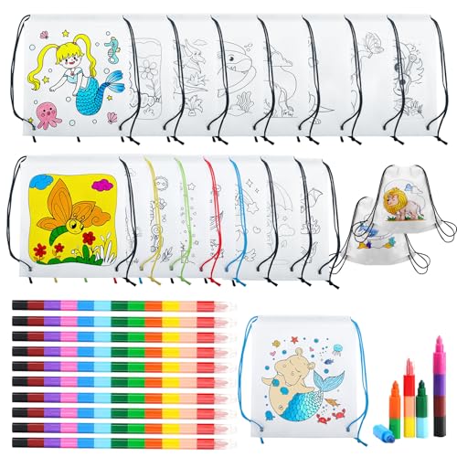 KASURE 16 Stück Stoffbeutel zum Bemalen für Kinder, DIY Kinder Stoffbeutel Set mit 10 Stück 12 Farbe Wachsmalstifte, Taschen zum Bemalen für Kinder DIY Graffiti Non-Woven Stoffbeutel KASURE 16 Stück Stoffbeutel zum Bemalen für Kinder, DIY Kinder Stoffbeutel Set mit 10 Stück 12 Farbe Wachsmalstifte, Taschen zum Bemalen für Kinder DIY Graffiti Non-Woven Stoffbeutel von KASURE