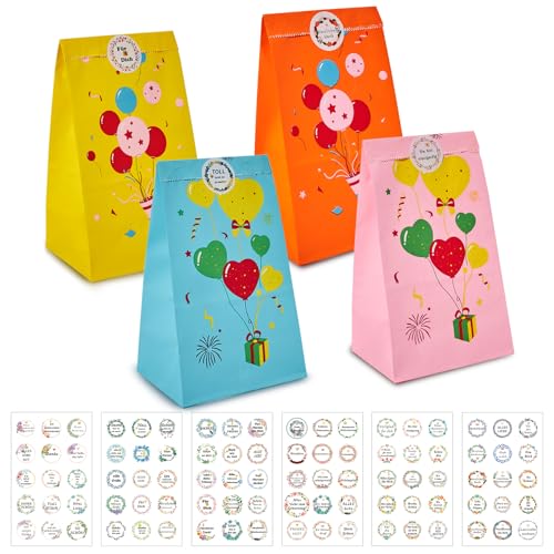 KASZOO 40 Stück Papiertüten, Bunte Geschenktüten Candy Tüten mit 90 Aufkleber (Auf Deutsch) zum Verpacken von Geschenken, Giveaways, Kindergeburtstag, Hochzeit, Party, usw von KASZOO