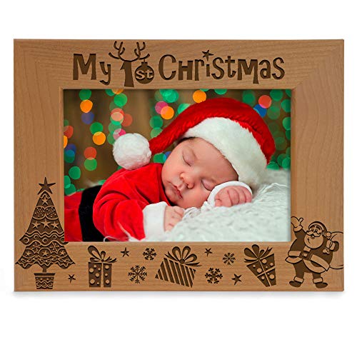 KATE POSH Bilderrahmen mit Gravur „My 1st Christmas“, „My First Baby's 1st Christmas“, „New Baby, Santa & Me“, Naturholz, 12,7 x 17,8 cm, horizontal – klassisch von KATE POSH