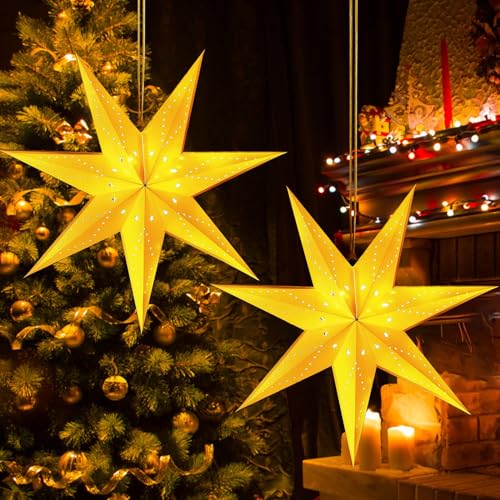 2 Stück Faltstern Weihnachten Papierstern Lampenschirm, 45cm Papiersterne zum Aufhängen, Weihnachtssterne Beleuchteter, Faltsterne Weiß Papierstern Beleuchtet, Sterne Papier zum Fenster Dekoration (A) von KATELUO