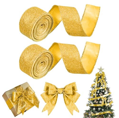 Geschenkband Weihnachten, 2 Roll Weihnachtsbänder für Bastelarbeiten, 20 Yards Geschenkband Gold, Weihnachten Deko Schleifenband, Weihnachten Dekoband für Geschenk Weihnachtsbaum Dekoration von KATELUO
