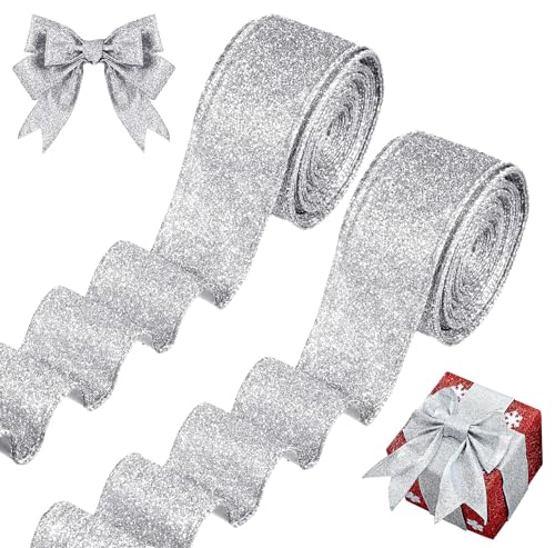 Schleifenband, Geschenkband Weihnachten, 2 Roll Weihnachtsbänder, 20 Yards silver Decorative Ribbon, Weihnachten Glitter Ribbon, Weihnachtsbaum Dekoband, von KATELUO