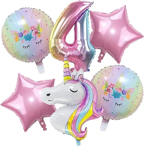 Einhorn Luftballons Geburtstag 4 Jahre, 6 Stück Einhorn Luftballons Mädchen, Luftballons 4. Geburtstag Mädchen, Einhorn Ballons Geburtstag, Helium Folienballon Kindergeburtstag Deko für Mädchen von KATELUO