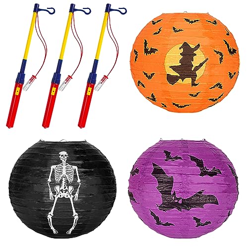 Halloween Papierlaternen und Elektrischer Laternenstab Set, 3 Stück Halloween Laternen 3 Stück Laternenstab Led, Laternenstäbe LED, Fledermaus Skelett Hexe Laternen für Halloween Dekorative Halloween Papierlaternen und Elektrischer Laternenstab Set, 3 Stück Halloween Laternen 3 Stück Laternenstab Led, Laternenstäbe LED, Fledermaus Skelett Hexe Laternen für Halloween Dekorative von KATELUO